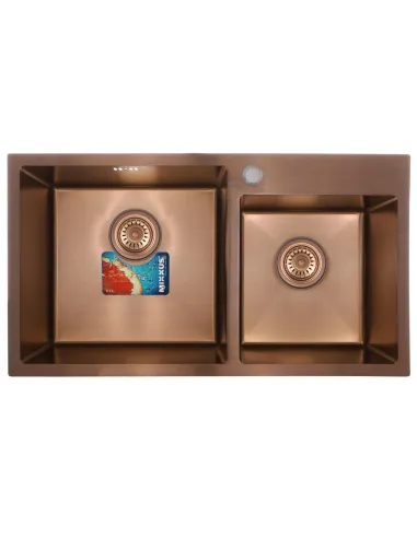 Мойка для кухни прямоугольная Mixxus SET-7843D-220x1.0-PVD Броза 780x430x220 мм из нержавеющей стали, с двумя чашами, смеситель 