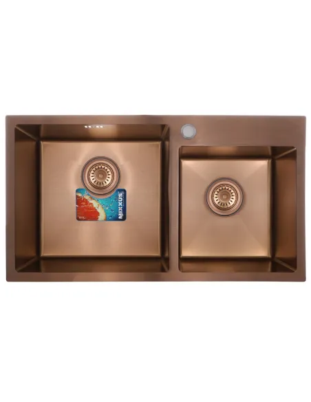 Мийка для кухні прямокутна Mixxus SET-7843D-220x1.0-PVD Броза 780x430x220 мм з нержавіючої сталі, з двома чашами, змішувач та ди