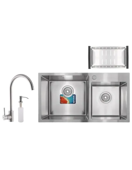 Мийка для кухні прямокутна Mixxus SET-7843D-220x1.0-Satin 780x430x220 мм з нержавіючої сталі, з двома чашами, змішувач сушка та 