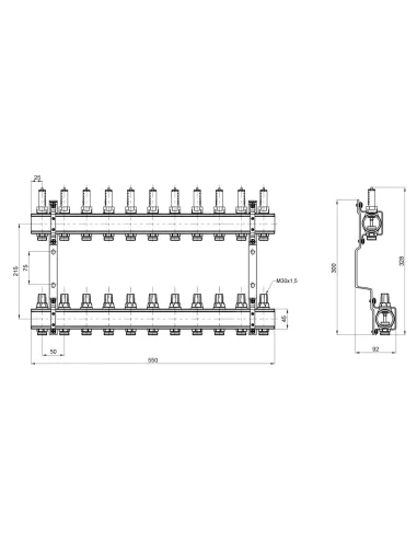 Колектор для теплого пола SD Forte SD00039950, 1 дюйм, 11 выходов, с расходомерами
