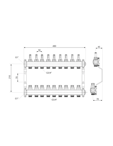 Колектор для теплого пола SD Plus SD0049, 1 дюйм, 9 выходов, с расходомерами