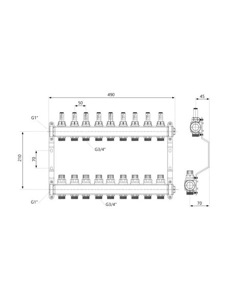 Колектор для теплого пола SD Plus SD0049, 1 дюйм, 9 выходов, с расходомерами