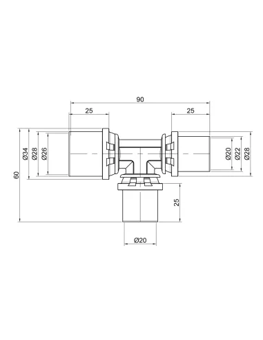 Тройник - пресс для металлопластиковых труб Icma 406 SD00009053 20 х 20 х 26 мм, латунь