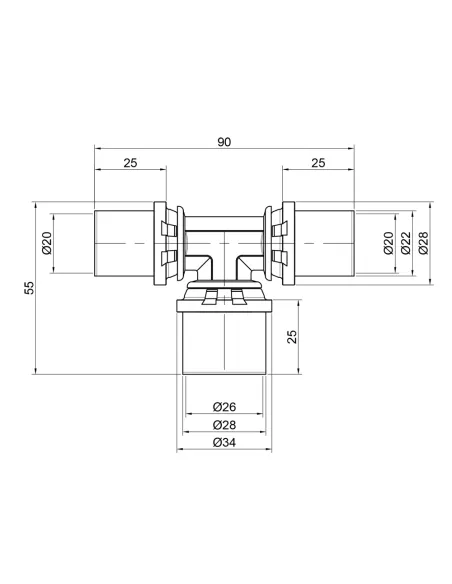 Тройник - пресс для металлопластиковых труб Icma 406 SD00009055 20 х 26 х 20 мм, латунь