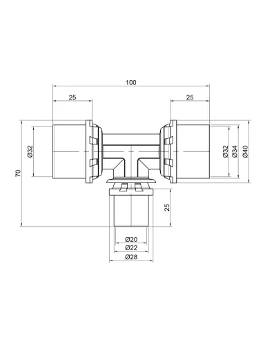 Трійник - прес для металопластикових труб Icma 406 SD00009148 32 х 20 х 32 мм, латунь