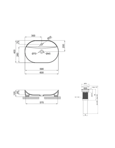 Накладная раковина Q-Тap Scorpio SD00054593 Matt Black, 600x400x120 мм, овальная с донным клапаном