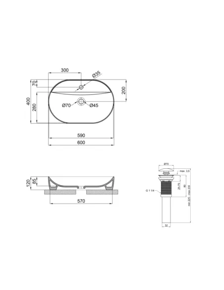 Накладна раковина Q-Tap Scorpio SD00054593 Matt Black, 600x400x120 мм, овальна з донним клапаном