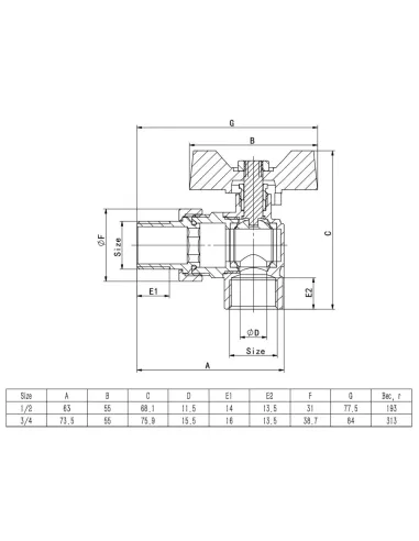 Кран шаровой с американкой ITAL PN40 1046063 1/2 дюйма, угловой
