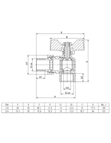 Кран кульовий з американкою ITAL PN40 1046064 3/4 дюйми, кутовий