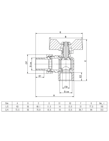 Кран шаровой с американкой ITAL PN40 1046064 3/4 дюйма, угловой