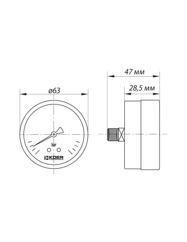 Манометр Koer KM.611A 0-10 Вar, 1/4 - 1/2 дюйма, заднее подключение