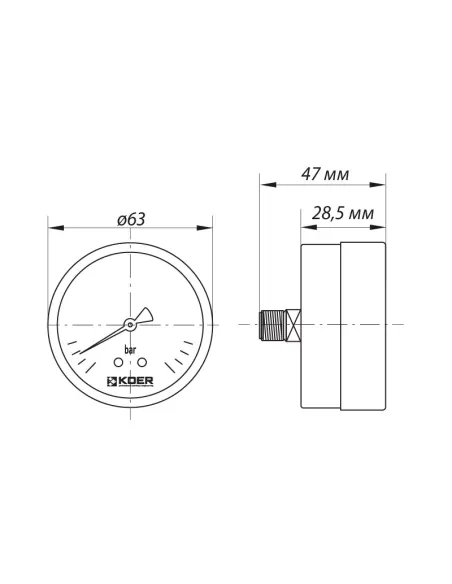 Манометр Koer KM.611A 0-10 Вar, 1/4 - 1/2 дюйма, заднее подключение