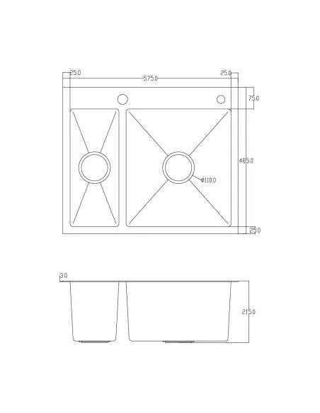 Мойка для кухни прямоугольная ITAL ID 575 485-B из нержавеющей стали, с двумя чашами Мойка для кухни прямоугольная ITAL ID 575 485-B из нержавеющей стали, с двумя чашами