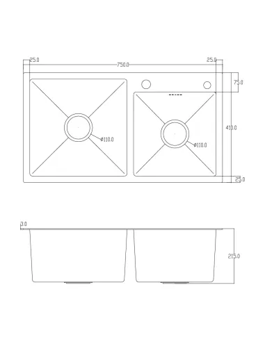Мийка для кухні прямокутна ITAL ID 7541-B з нержавіючої сталі, з двома чашами
