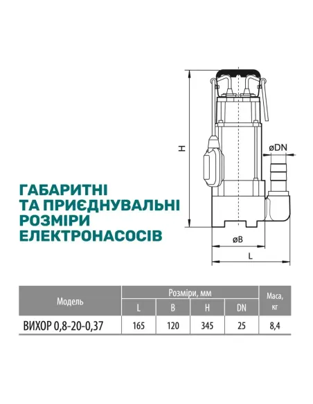 Дренажный насос NPO ВИХРЬ 0,8-20-0,37 0.37 кВт, кабель 10 метров