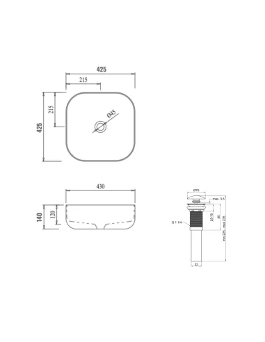 Накладная раковина Q-Тap Kolibri QT1011K396WN48468 White, 425x425x140 мм с донным клапаном Pop-up PU02