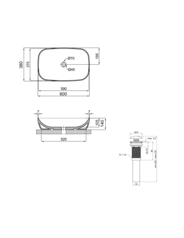 Накладна раковина Q-Тap Cardinal QT04116257W48465 White, 600x380x140 мм з донним клапаном Pop-up PU02