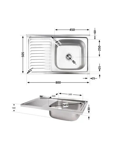 Мойка для кухни прямоугольная Brinex 5080-R BRIN5080RSAT06 Satin 0,6 мм из нержавеющей стали