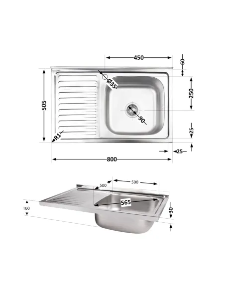 Мойка для кухни прямоугольная Brinex 5080-R BRIN5080RSAT06 Satin 0,6 мм из нержавеющей стали
