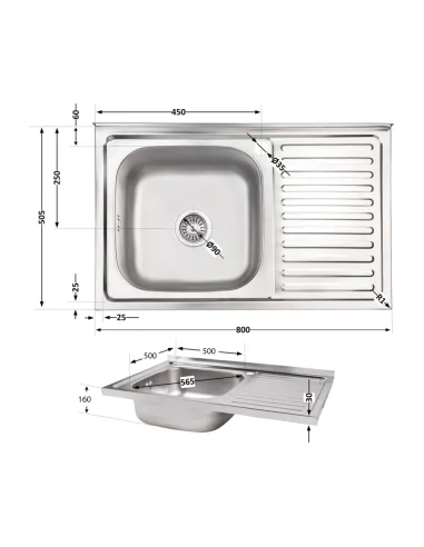 Мойка для кухни прямоугольная Brinex 5080-L BRIN5080LSAT06 Satin 0,8 мм из нержавеющей стали