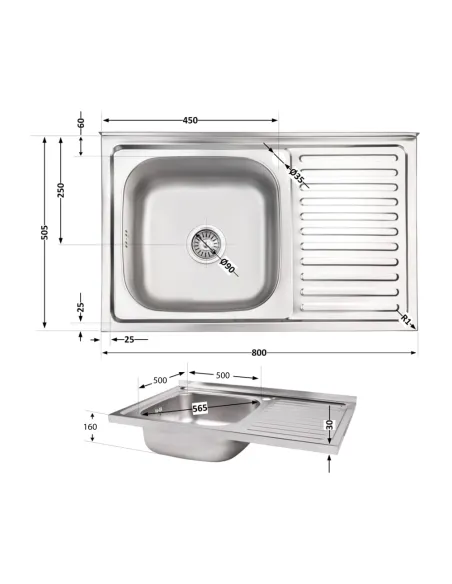Мойка для кухни прямоугольная Brinex 5080-L BRIN5080LSAT06 Satin 0,8 мм из нержавеющей стали