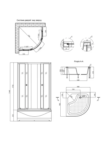 Душевая кабина с высоким поддоном Kroner KRP Eifel - Q.C.F.L. 90x90 см, полукруглая