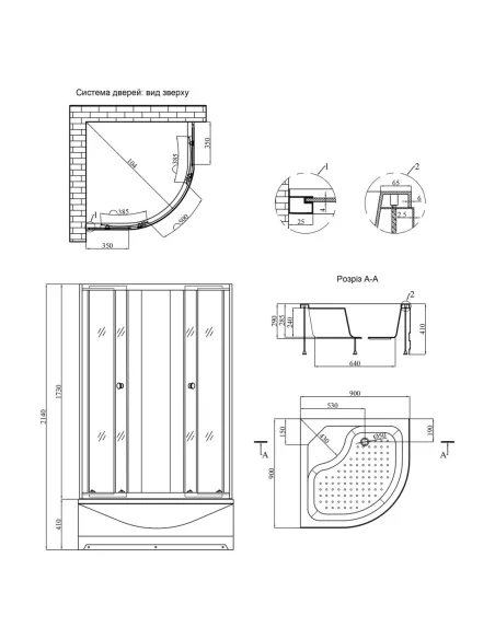 Душевая кабина с высоким поддоном Kroner KRP Eifel - Q.C.F.L. 90x90 см, полукруглая