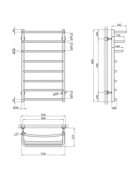 Полотенцесушитель водяной Kroner KRP Prima WT900x500-8