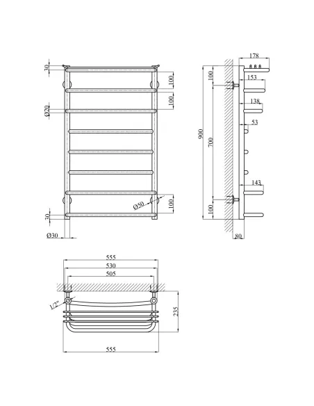 Полотенцесушитель водяной Kroner KRP Stern WT900x500-8
