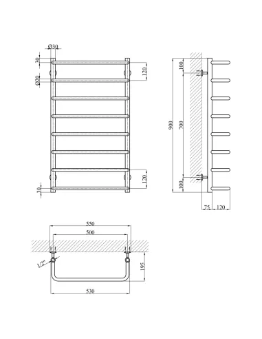 Полотенцесушитель водяной Kroner KRP Stil WT900x500-8