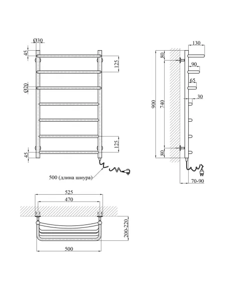 Полотенцесушитель электрический Kroner Каскад дуга ДКД03ER 900x500/7 ER