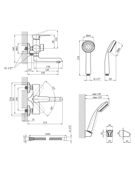 Змішувач для ванни Kroner KRM Elbe-C060 з душовим набором