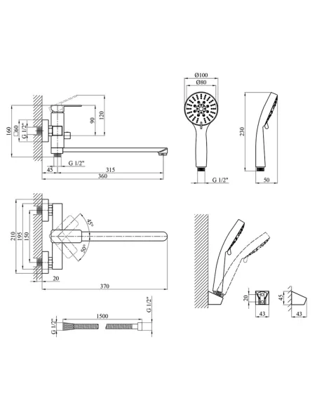 Змішувач для ванни Kroner KRM Ems - C070 з душовим набором