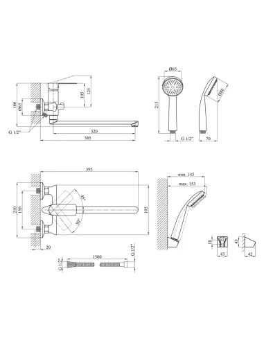 Змішувач для ванни Kroner KRM Main - C070 з душовим набором