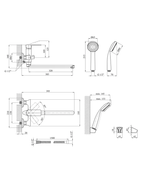 Змішувач для ванни Kroner KRM Main - C070 з душовим набором