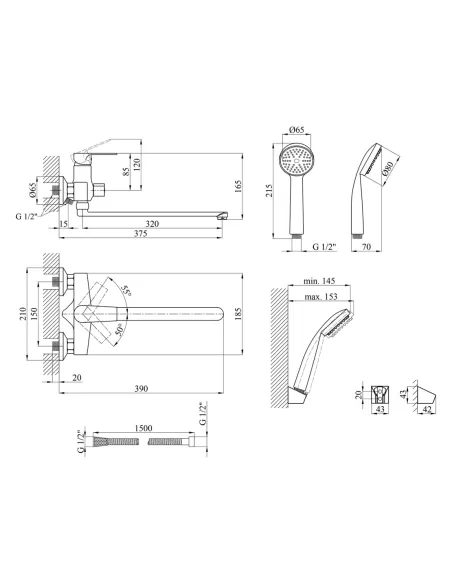 Смеситель для ванны Kroner KRM Oker - C070 с душевым набором Смеситель для ванны Kroner KRM Oker - C070 с душевым набором