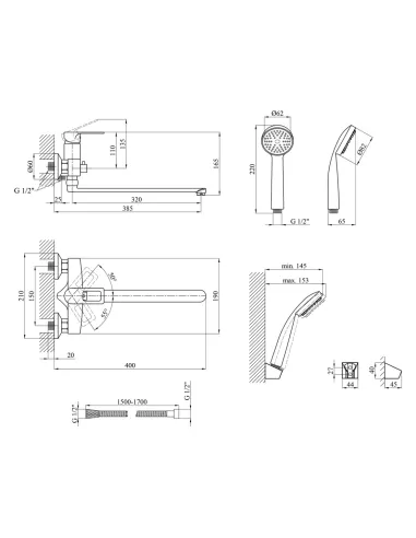 Смеситель для ванны Kroner KRM Zenda - W070 с душевым набором