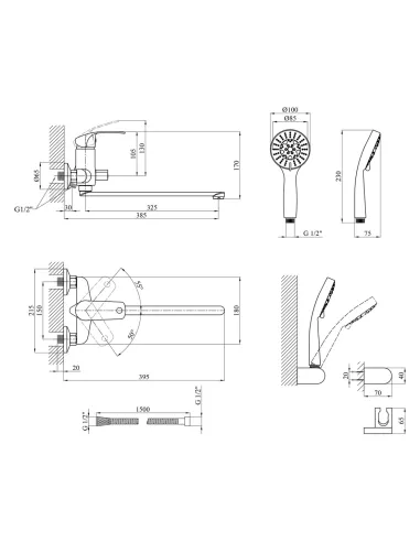Смеситель для ванны Kroner KRP Konstante - C072 с душевым набором