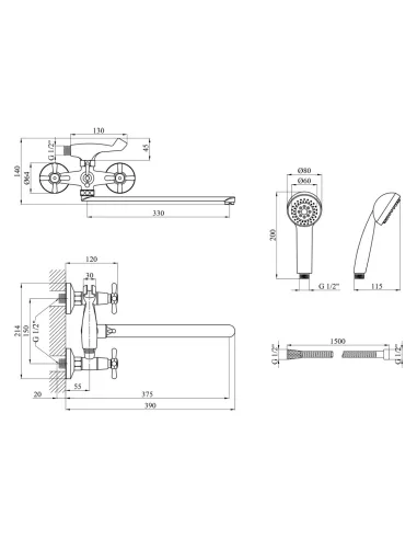 Смеситель для ванны Kroner KRP Royce - C072 с душевым набором
