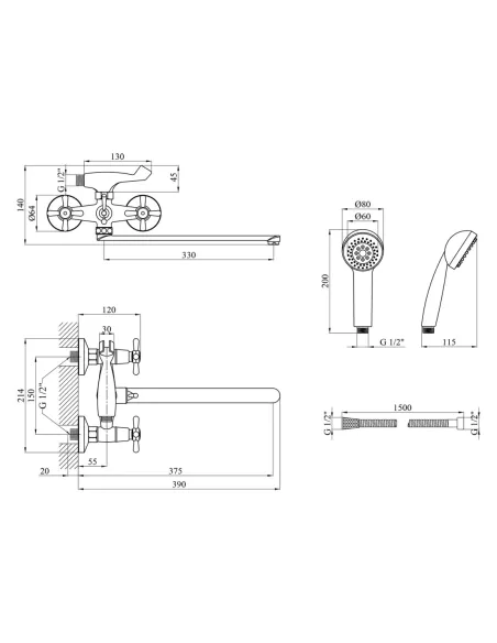 Смеситель для ванны Kroner KRP Royce - C072 с душевым набором Смеситель для ванны Kroner KRP Royce - C072 с душевым набором