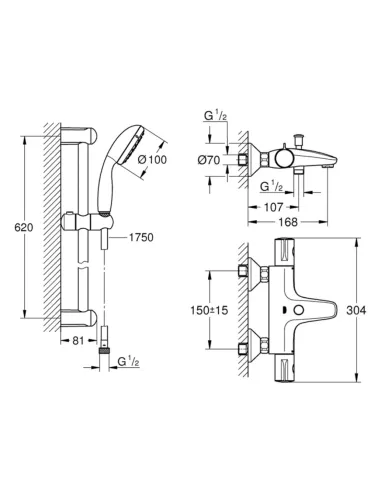 Змішувач для ванни Grohe Grohtherm 800 34567000 з душовим гарнітуром 27948001 (34567001)