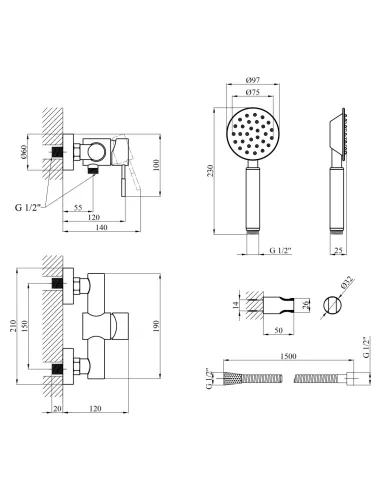 Смеситель для душа Kroner KRP Edelstahl Klassisch - ESG050, без излива, с душевым набором