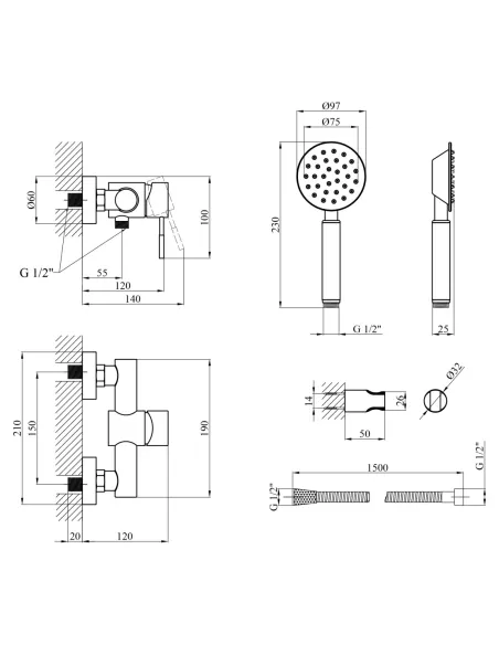 Змішувач для душу Kroner KRP Edelstahl Klassisch - ESG050, без виливу, з душовим набором