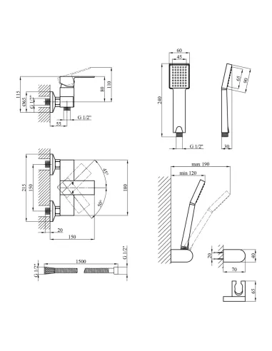Змішувач для душу Kroner KRP Harz - C050, без виливу, з душовим набором