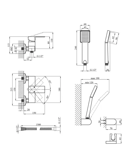 Змішувач для душу Kroner KRP Harz - C050, без виливу, з душовим набором