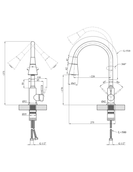 Змішувач для кухні з гнучким виливом Kroner KRP Edelstahl Klassisch - PVD031BLK чорний гофровилив