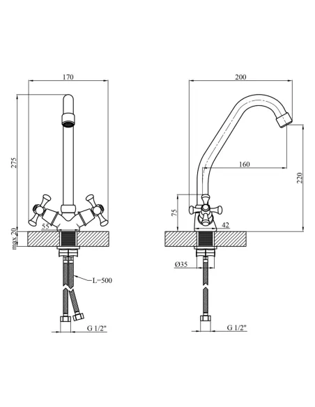 Змішувач для кухні Kroner KRM Rhein - C030, двовентильний