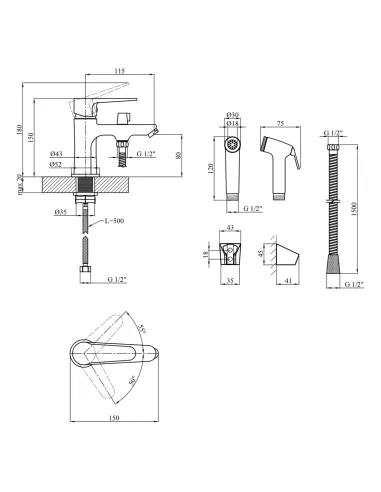 Смеситель для умывальника Kroner KRM Elbe - C015 однорычажный, с гигиеническим душем