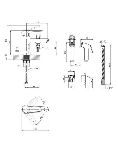 Змішувач для умивальника Kroner KRM Elbe - C015 одноважільний, з гігієнічним душем