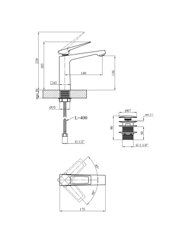 Змішувач для умивальника Kroner KRP Ersel - C0110BV з донним клапаном